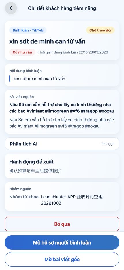 Chi tiết khách hàng tiềm năng trong LeadsHunter hiển thị nội dung gốc và phần phân tích AI đã mở rộng