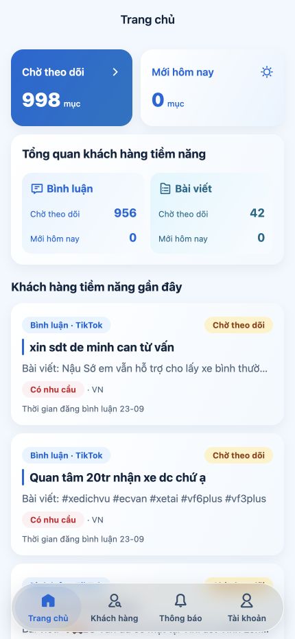 Màn hình chính LeadsHunter hiển thị số khách hàng chờ chăm sóc và khách hàng tiềm năng mới