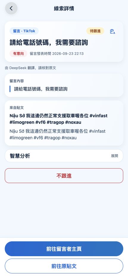 LeadsHunter 中文介面，顯示來源內容的翻譯